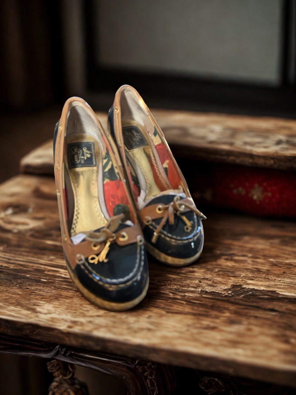 Sperry Navy and Tan Patent Loafers with Gold Hardware